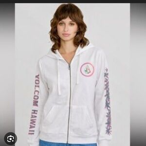 NWT Volcom White Full Zip Hoodie with Pink Palm Tree Accents